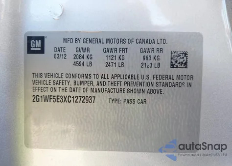 2012 Chevrolet Impala Ls from USA, damaged, VIN 2G1WF5E3XC1272937